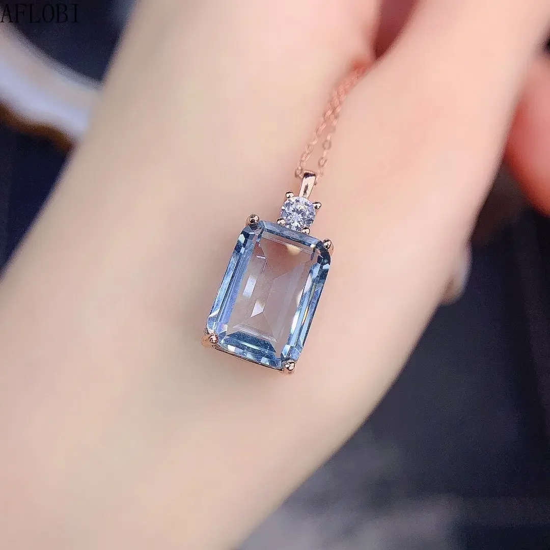 

Natural Aquamarine Pendants for Women Anniversary Gift Necklaces 925 Sterling Silver 10*14MM Gemstones