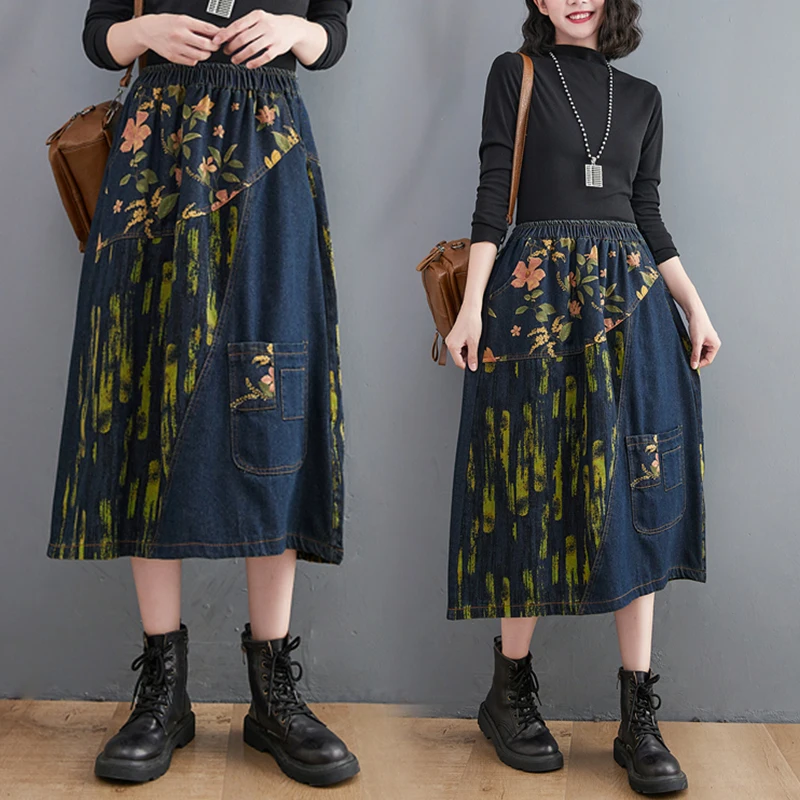 

Джинсовая юбка с цветочным принтом, женская свободная юбка трапециевидной формы больших размеров с большой резинкой на талии средней длины