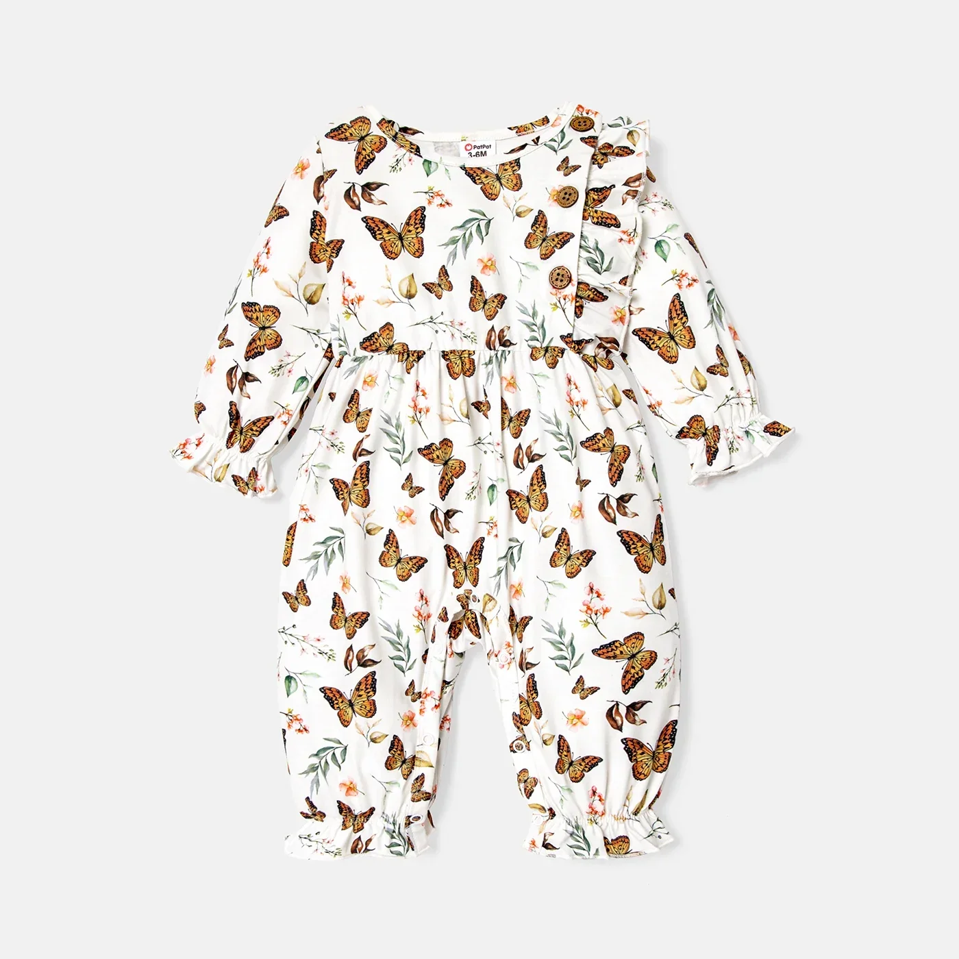 PatPat Baby Girl Solid Cotton Ribbed or Allover Butterfly Print Naia™ Ruffle Trim Long-sleeve Jumpsuit Suitable for Summer