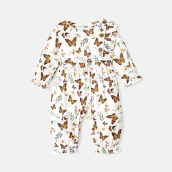 PatPat Baby Girl Solid Cotton Ribbed or Allover Butterfly Print Naia™ Ruffle Trim Long-sleeve Jumpsuit Suitable for Summer