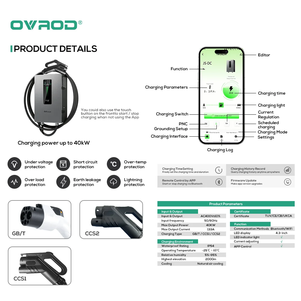 Ovrod Metal Enclosure Cargador De Auto Electrical Car Eve Charging 40Kw CCS2 Wall Mounted Home Fast Dc Ev Charger Station
