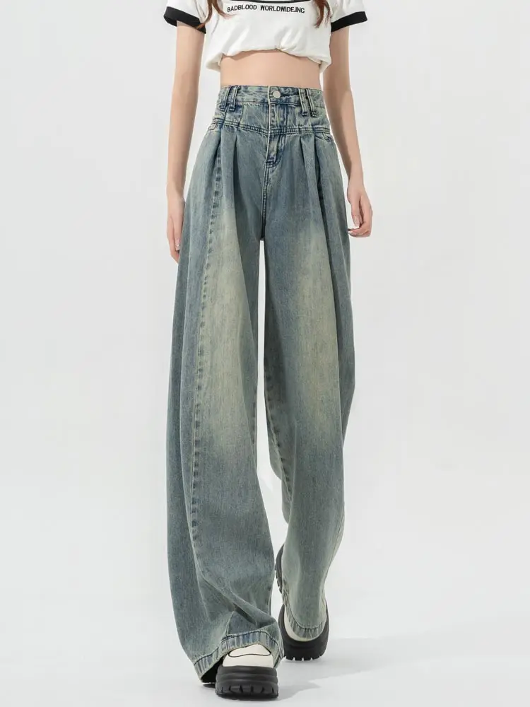 Retro wide-leg jeans, women's autumn clothes, high-waisted, loose, thin, draped, mopping straight pants 2024 new trend