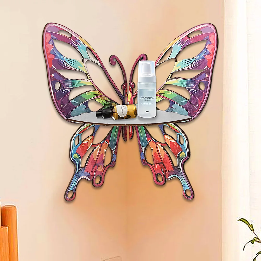 1PCS Holz Schmetterling Wand Dekor Kristall Regal Ecke Hängen Organizer für Wohnzimmer Moderne Geometrische Bleistift Halter Hause
