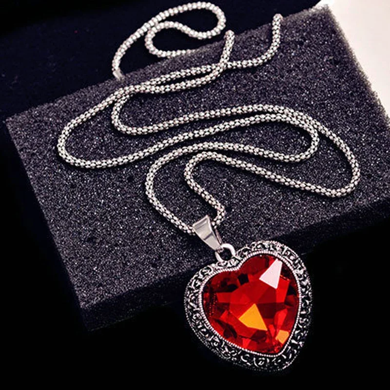 Fashion Women Lady Red Big Rhinestone Crystal Square Pendant Long Chain Tassel Sweater Necklace Party Drop Necklace Jewelry