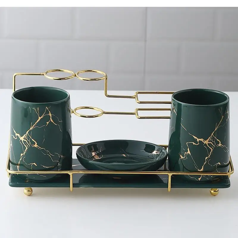 Green Ceramic Toothbrush Holder Bathroom Supplies Soap Dispenser Golden Marble Storage Tray Decoration Accessories