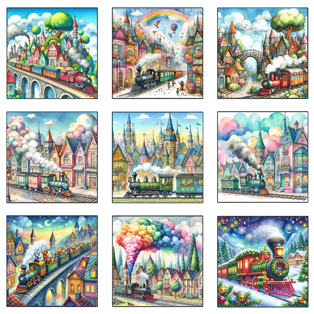 Beautiful Landscape Fantasy Train Passing Through The Town 5D Mosaic Christmas Theme Diamond Paintng Embroidery Cross Stitch