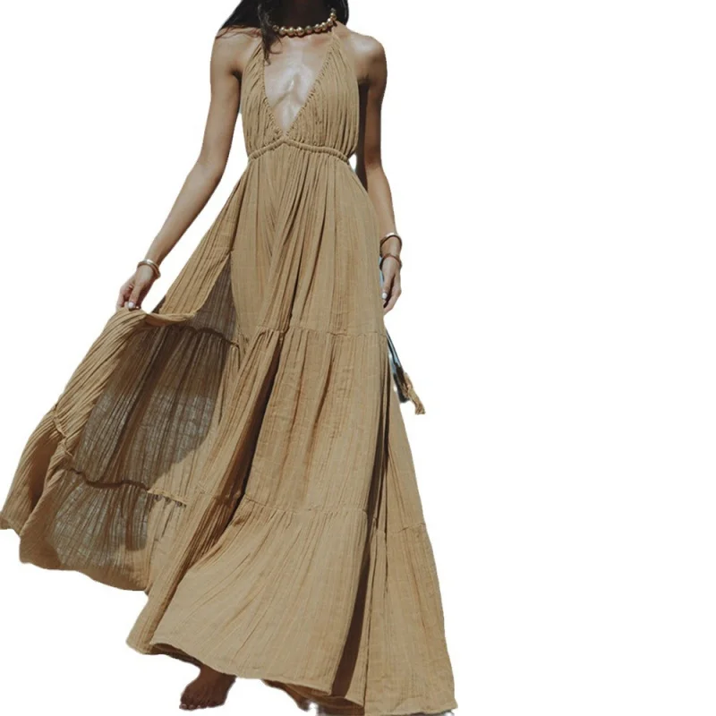 

Sexy Hollowed out V-Ne Slim Dr Bal Collar Tied Color Slit Pure Color Summer 2024 Polyester Casual Wear