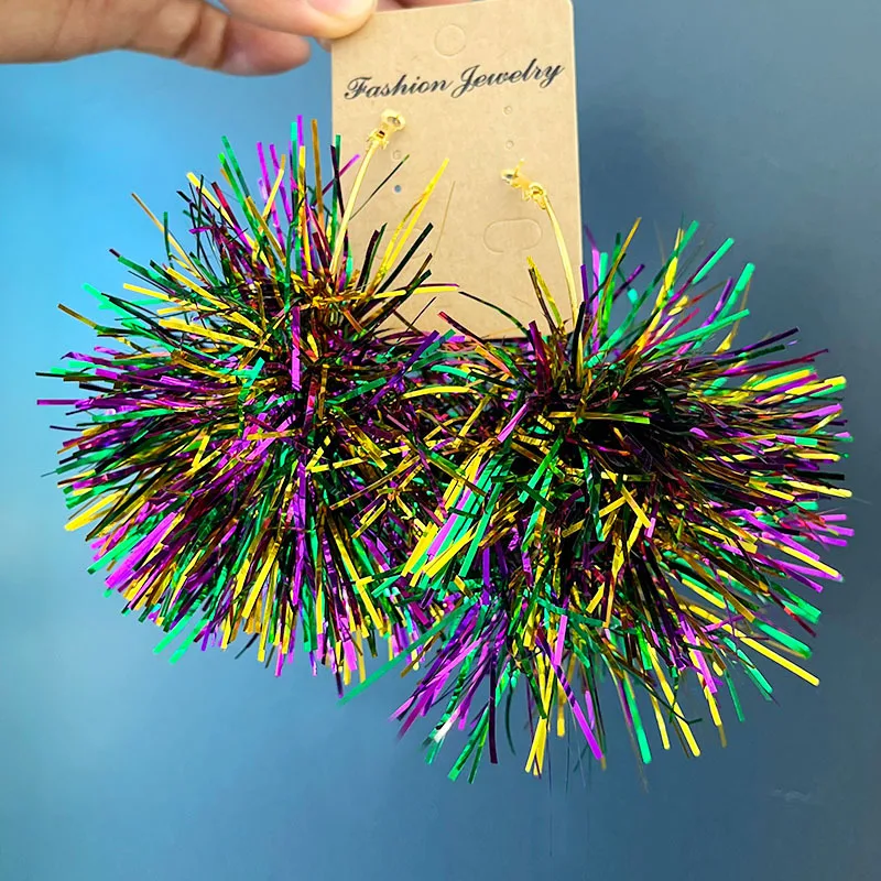 St. Patrick's Gold Purple Green Mardi Gras Carnival Earrings Big Confetti POM POM Ribbon Circle Hoop Jewelry Gifts