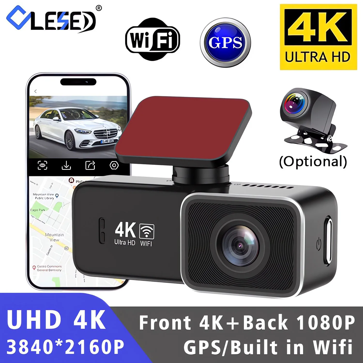 

Видеорегистратор 4K 2160P UHD, Wi-Fi, GPS, передняя, 4K, задняя, 1080P, видеорегистратор, 24 часа, видеорегистратор ночного видения, мини-камера для автомобиля, черный ящик