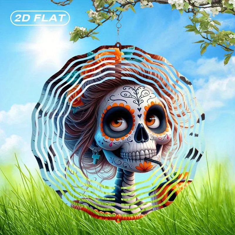 CIFBUY 2D Boho Sugar Skull Wind Chime Metal Spinner with 360 Rotating Hook Colorful Glass Hanging Ornament for Garden Patio Outd