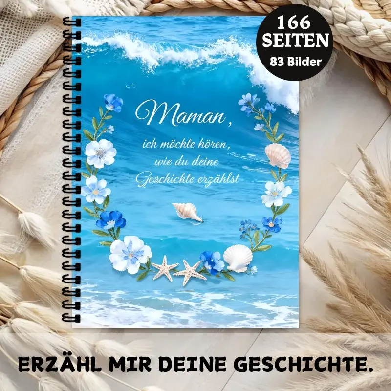 

Немецкий блокнот-дневник с морской тематикой и спиральным переплетом, с надписью "Мама, пожалуйста, расскажи мне свою историю", значимый сувенир для записи ее путешествий и воспоминаний.