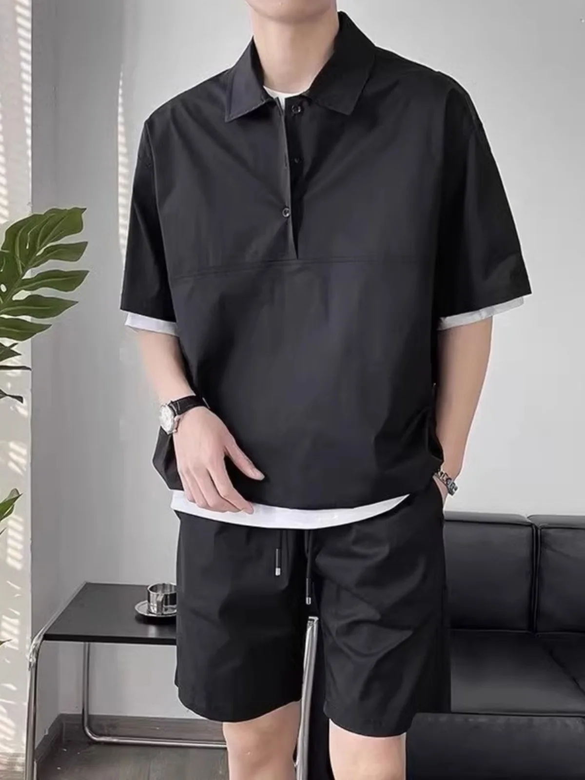 2024 New Men's Casual  Color  Shirt Set Short Sleeve Two-Piece Sporty Fashionable Korean Style Summer Leisure Wear