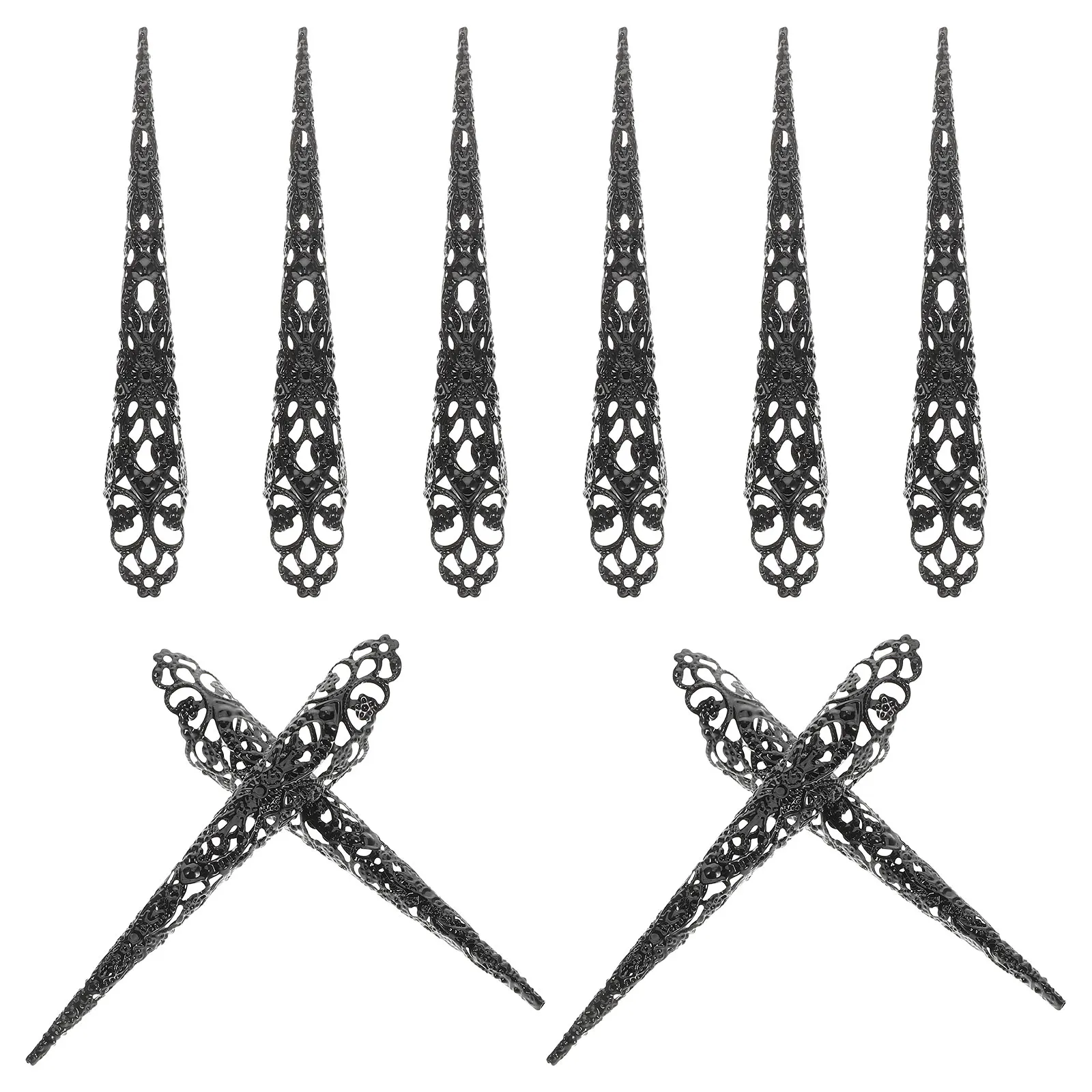 

10pcs Long Nail Fingers Rings Hollow Design Breathable Iron Material Party Accessories Fake Fingernail Jewelry Tips Women