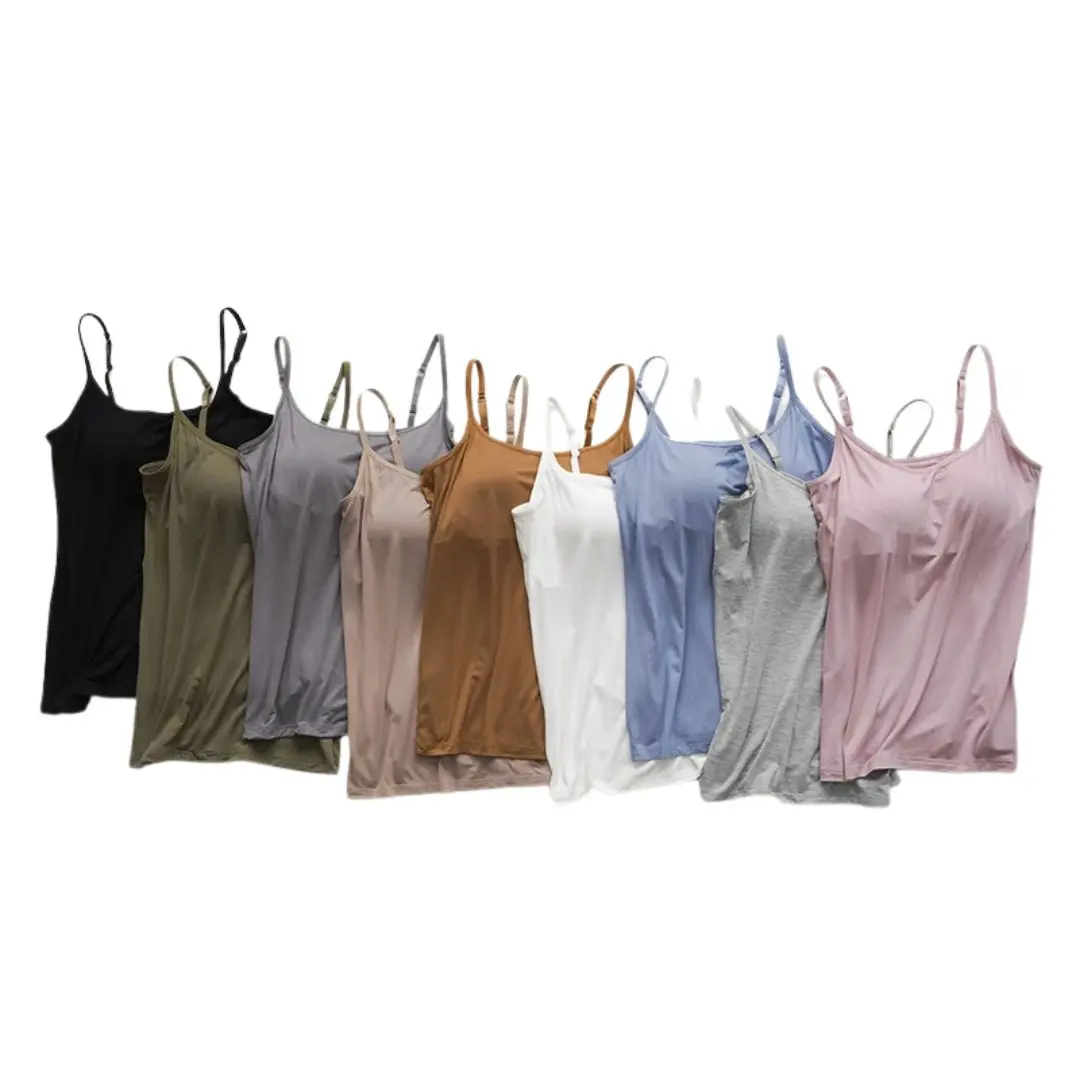 2024 Women Solid Tank Tops Adjustable Strap Built In Cup Padded Wireless Camisole Camis Vest Female Home Basic Tank Top