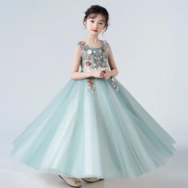 

2024 Girls' Princess Elegant Party Evening Pageant Communion Gala Dresses Wedding 8 10 12 14 Years Old Children's Green Clothing