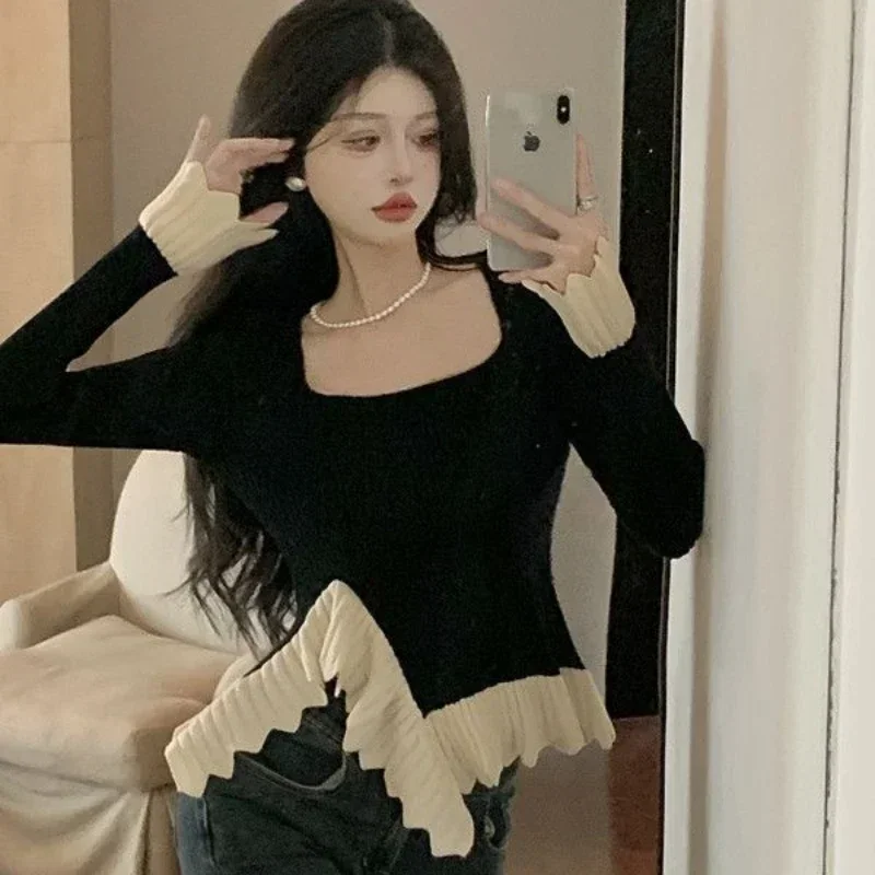 Women's Sweater Square Neck Pullovers Knit Tops for Woman Crop Short Sale Trend 2024 Long Sleeve Jumper Modern Aesthetic Clothes