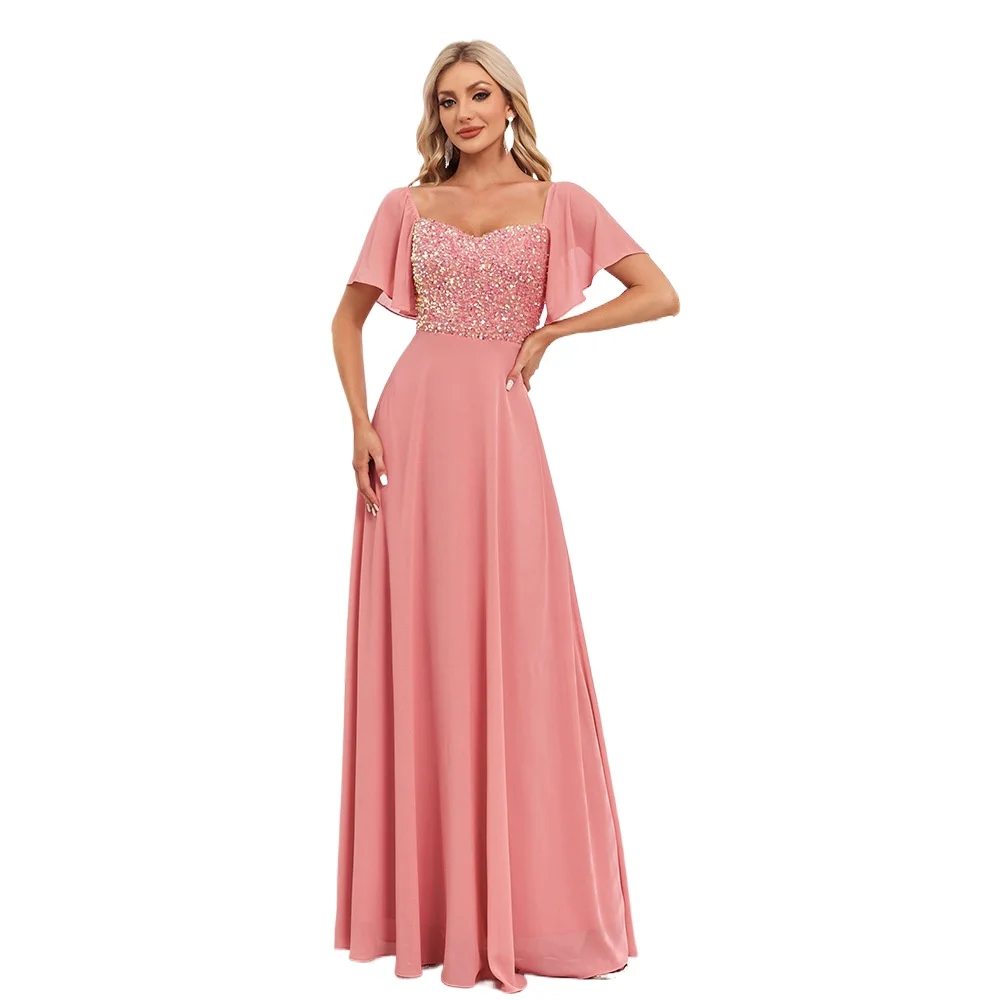 

Elegant V-neck Sequined Chiffon Long Formal Evening Dress Pink