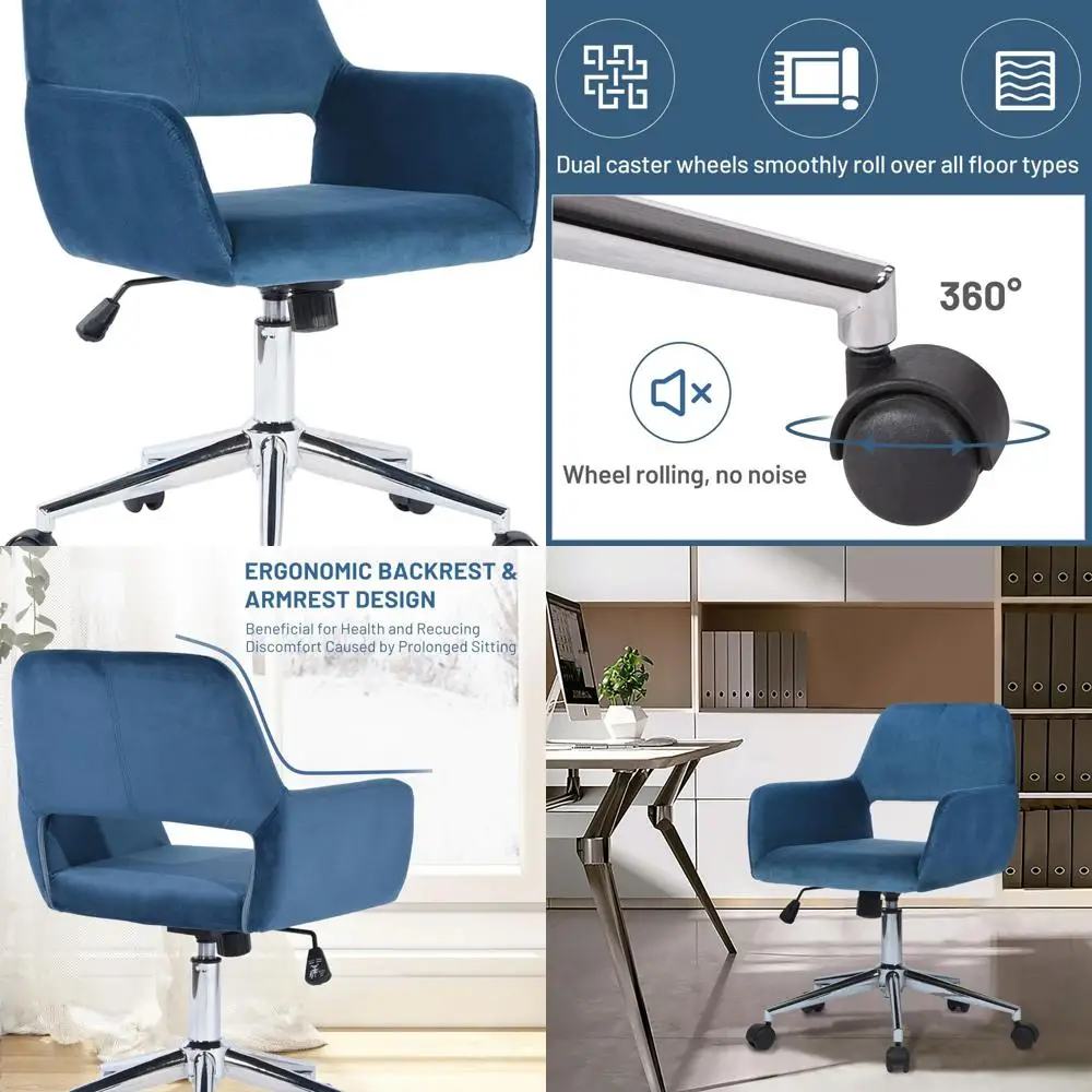 바퀴가 달린 중간 등받이 벨벳 책상 의자: 조절 가능, 다크 블루, 홈 오피스, 거실, 메이크업 및 공부용