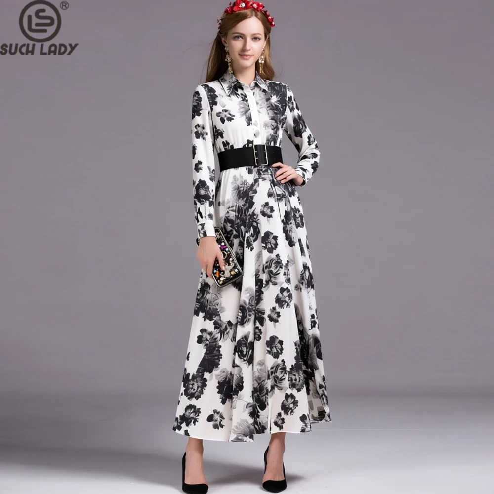 

Women's Black White Print Dress Turn Down Collar Long Sleeves Elegant Vintage Gown for Spring Summer Outfit
