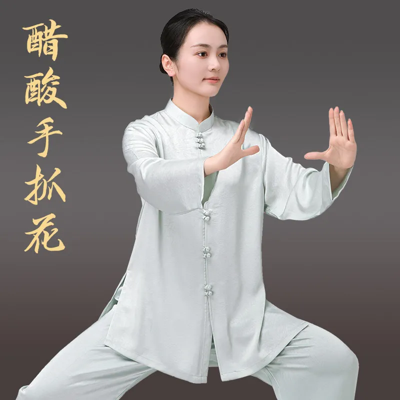 Martial Arts Tai Ji Suit Female   Eight-Section Brocade Exercise Clothing Male Spring and Summer Acetate Hand-Held Flower
