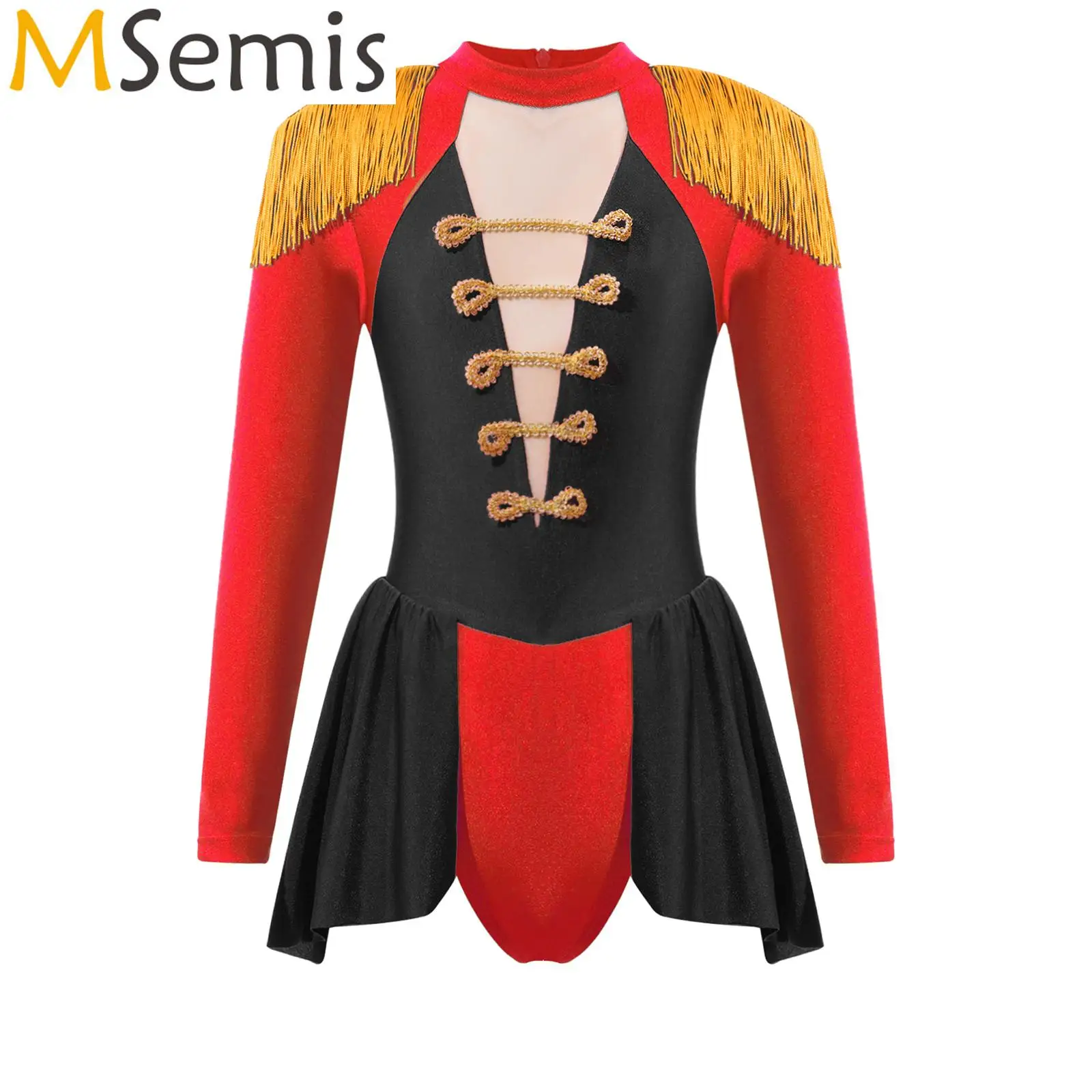 Halloween Kids Girls Drum Major Costume Circus Cosplay Long Sleeve Tassel Epaulet Short Bodysuit with Skirt Performance Clothes