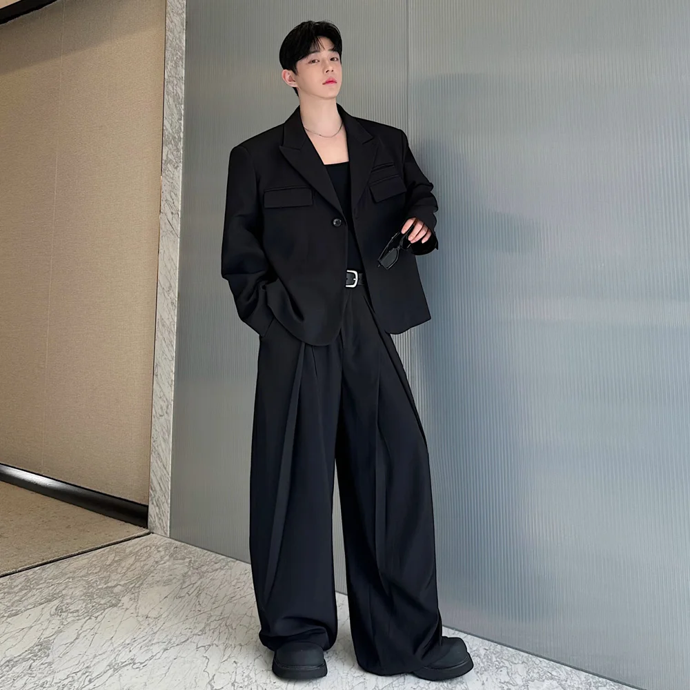 

Niche Design American Fashion Suits Men Streetwear Loose Casual Suit Blazer Jacket Pleated Wide Leg Pants 2 Pieces Suits Sets