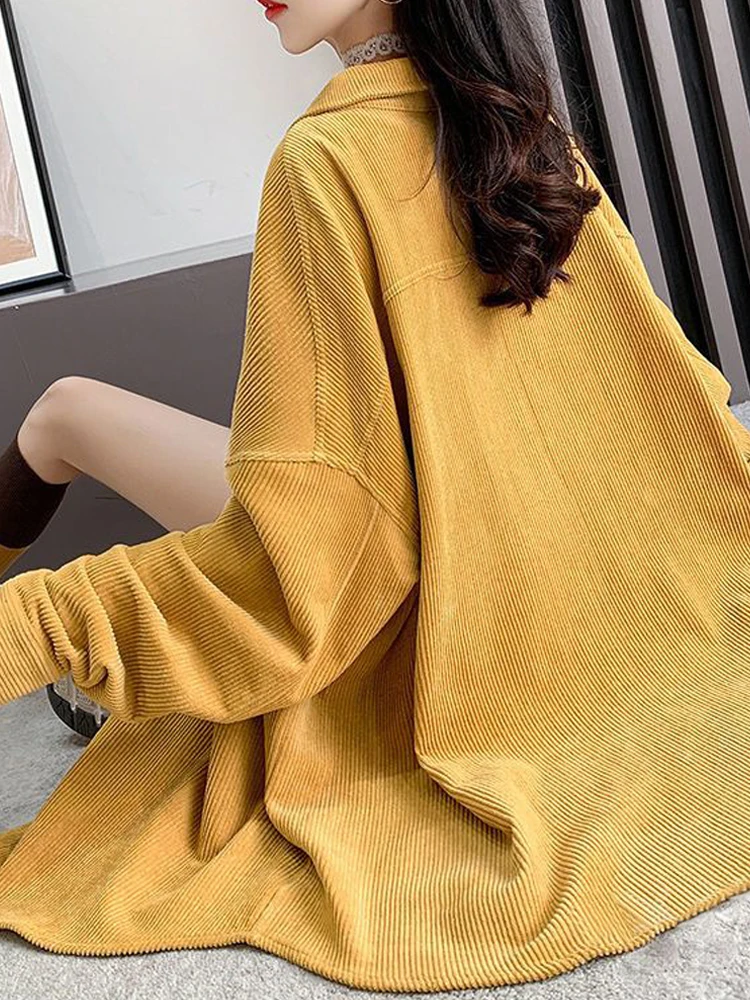 Damska gruba koszula sztruksowa z długim rękawem, luźna bluzka, ciepła zimowa odzież wierzchnia, codzienna odzież do pracy biurowej, płaszcz, beżowo-żółty