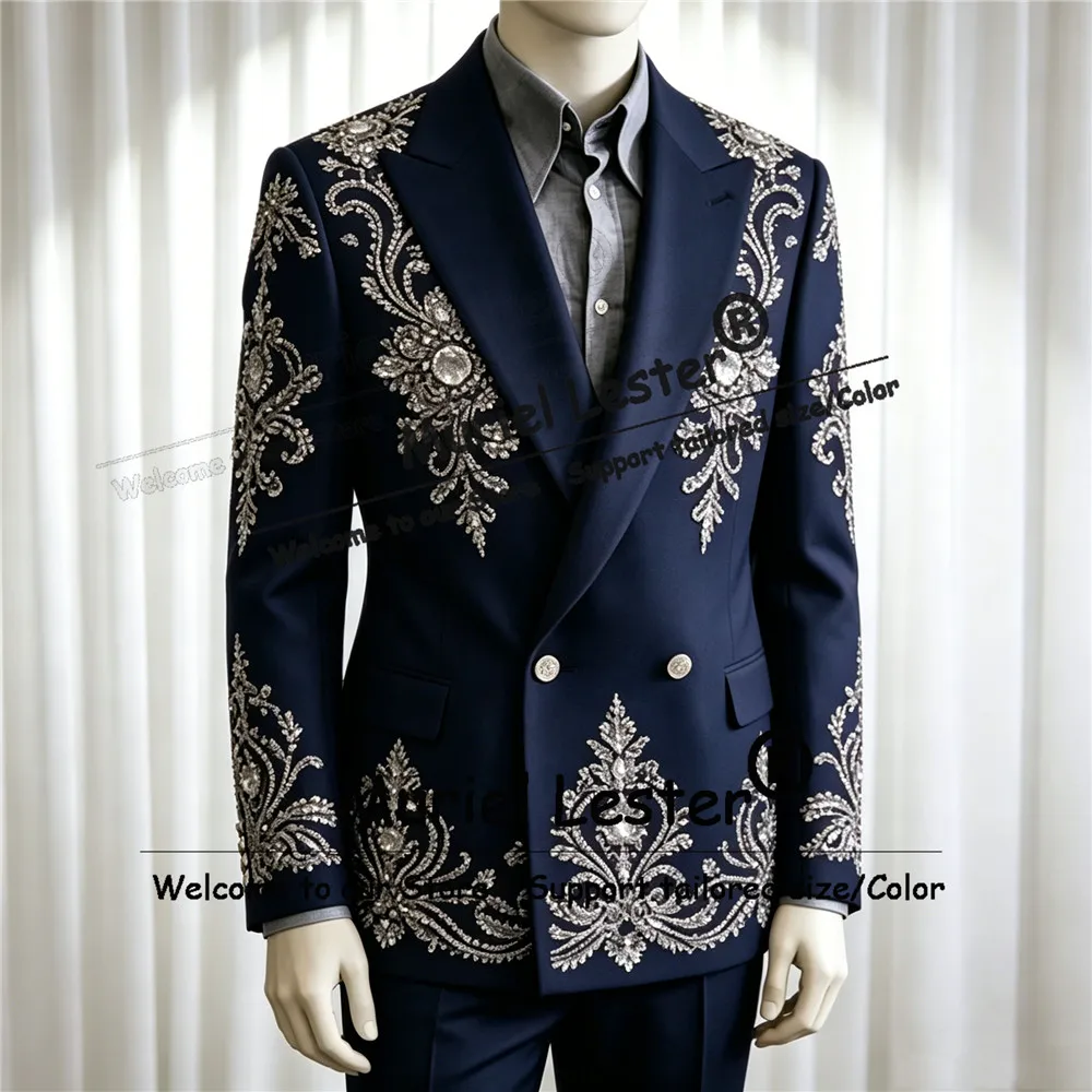 Customized Men Suit 2 Pieces Set Double Breasted Blazer Pants Beaded Groom Wedding Tuxedos Slim Fit Terno Masculinos Completo
