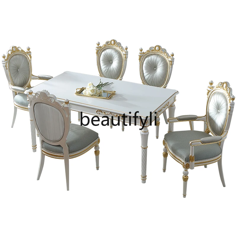 

French retro dining table and chair combination beech 1.8M simple gold-painted European light luxury solid wood dining table