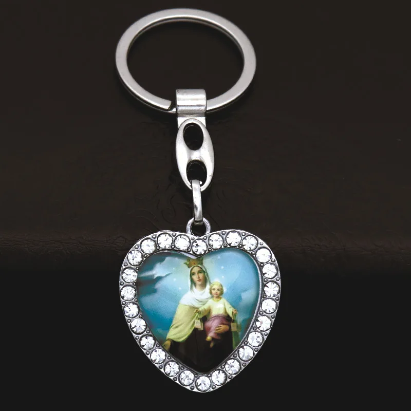 Crystal Heart Cross Jesus Keychain For Women Men Rhinestones Crucifix Key Chain On Bag Car Trinket Catholic Jewelry Pray Gift