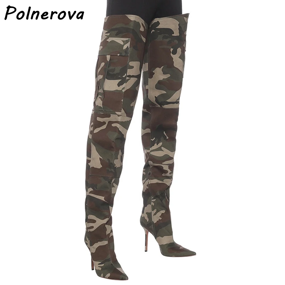 Camouflage Thigh High Boots Thin Heels Slip On Pocket Pointy Toe Winter Slouch Pleated Shoes Women Fashion Patchwork Long Boots