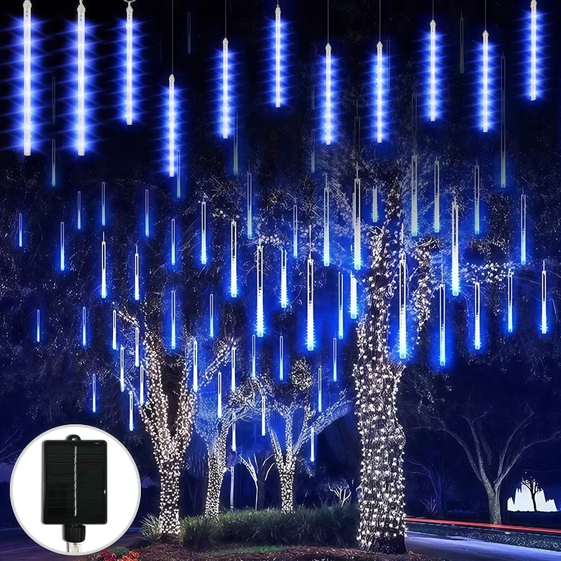 Solar Meteor Shower Lights Outdoor 8 Tube LED Falling Rain Icicle String Lights for Halloween Christmas Weddings Decorations