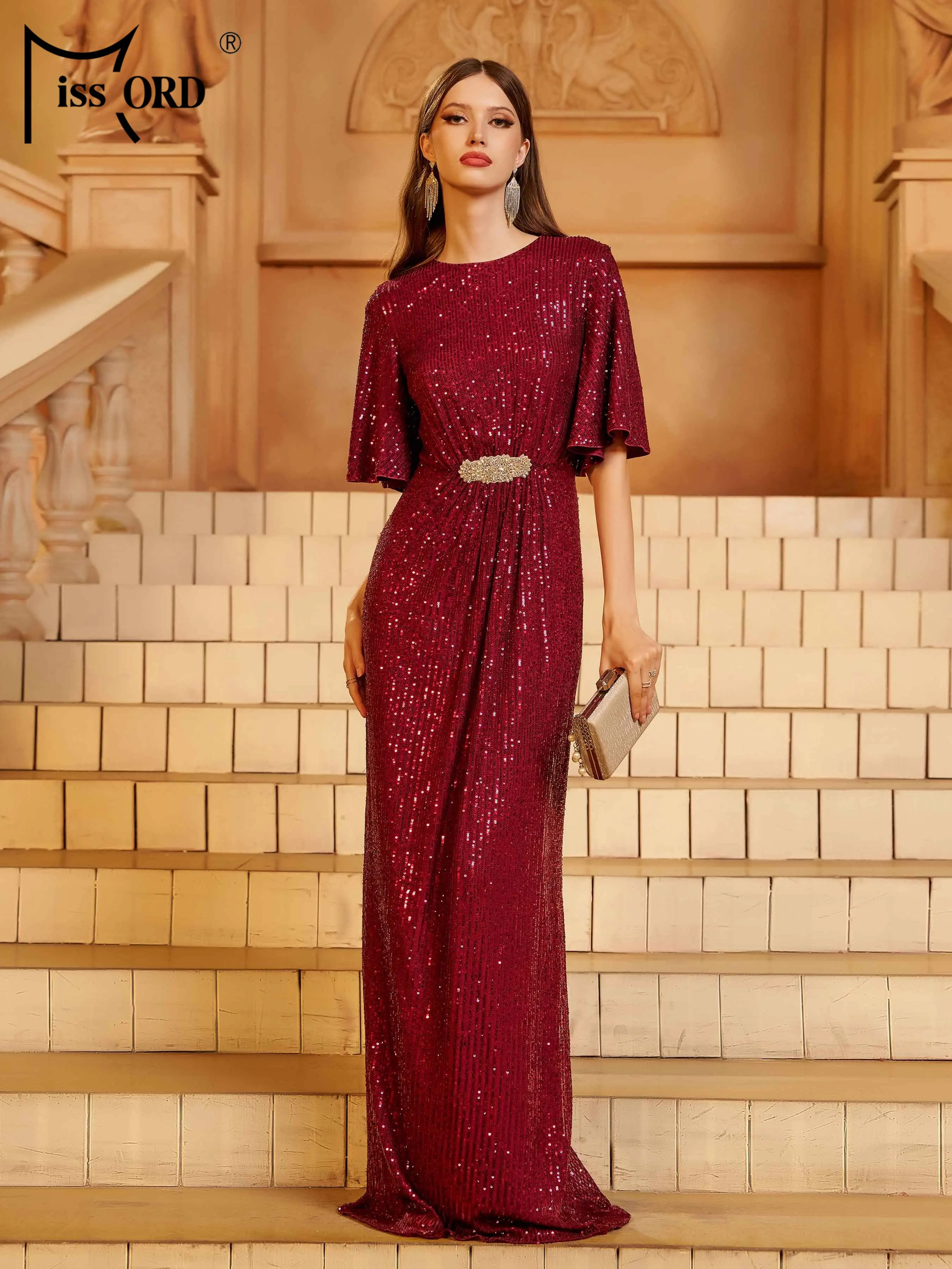 Missord novo em torno do pescoço manga curta lantejoulas vestido de noite festa de aniversário de casamento ocasião formal formatura até o chão vestidos