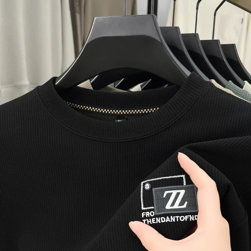 الرجال الفاخرة المطرزة تي شيرت مطبوع الراقية العلامة التجارية الخريف الأعمال عادية موضة تنوعا كم طويل بلوزة مستديرة العنق الملابس الرجالية