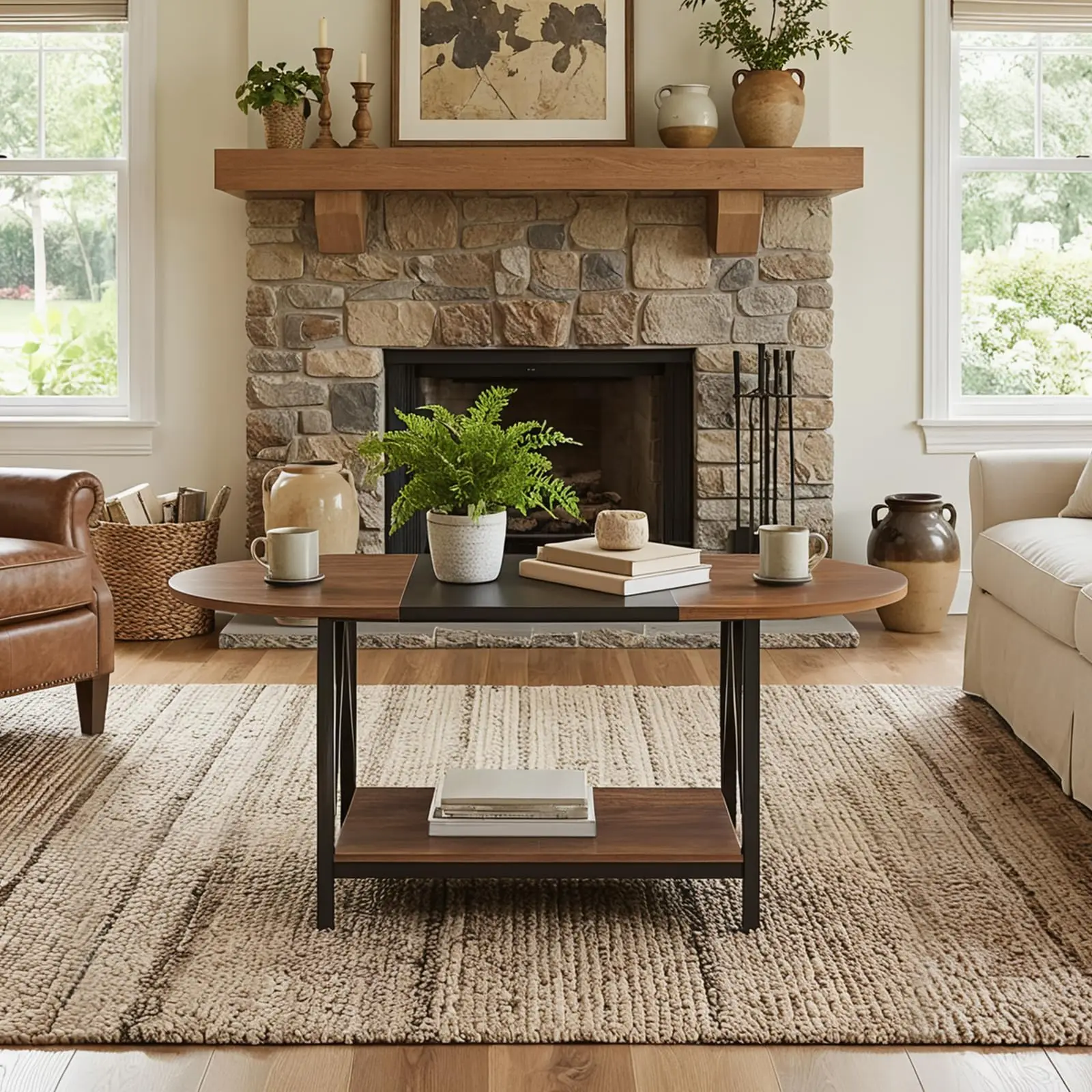 

2-Tier Oval Coffee Table Industrial Style Rustic Brown Black For Living Room Office