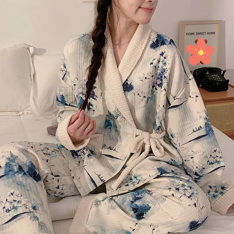 

Женский пижамный комплект из чистого хлопка, однотонный, осенне-зимний, теплая одежда для сна с длинными рукавами, удобная домашняя одежда, уютная одежда для дома