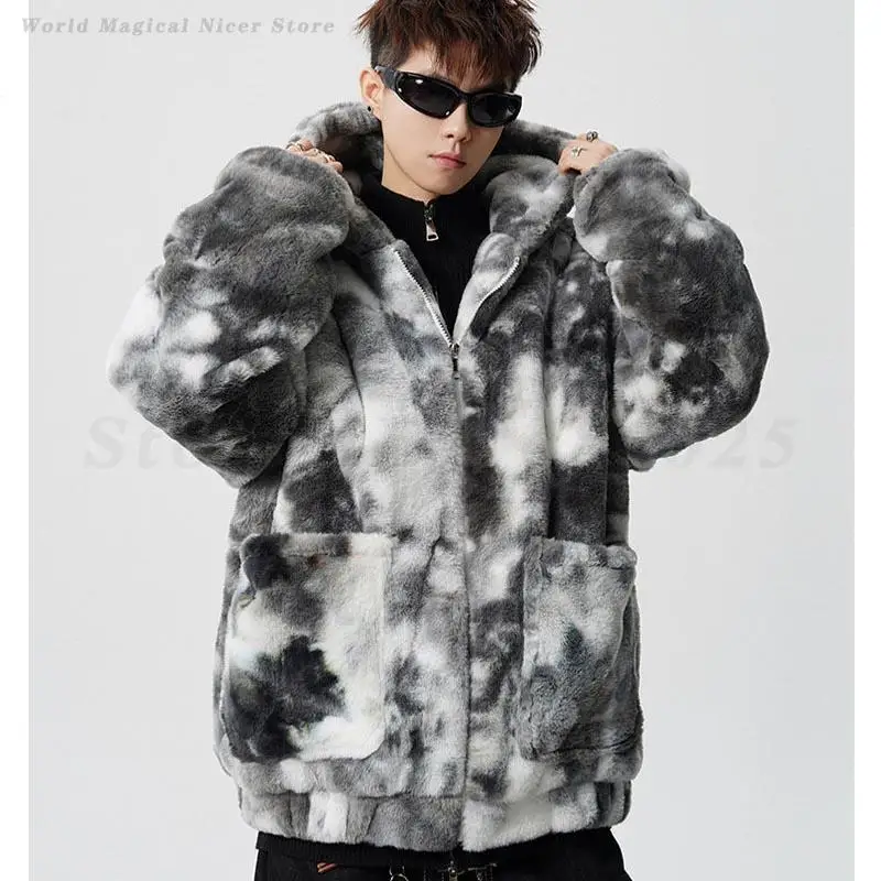 

Autumn Winter New Jacket Men's Tie Dye Lamb Fleece Coat Loose Casual Fashion Zipper Outerwear Warm Plush High Street Parkas 5XL
