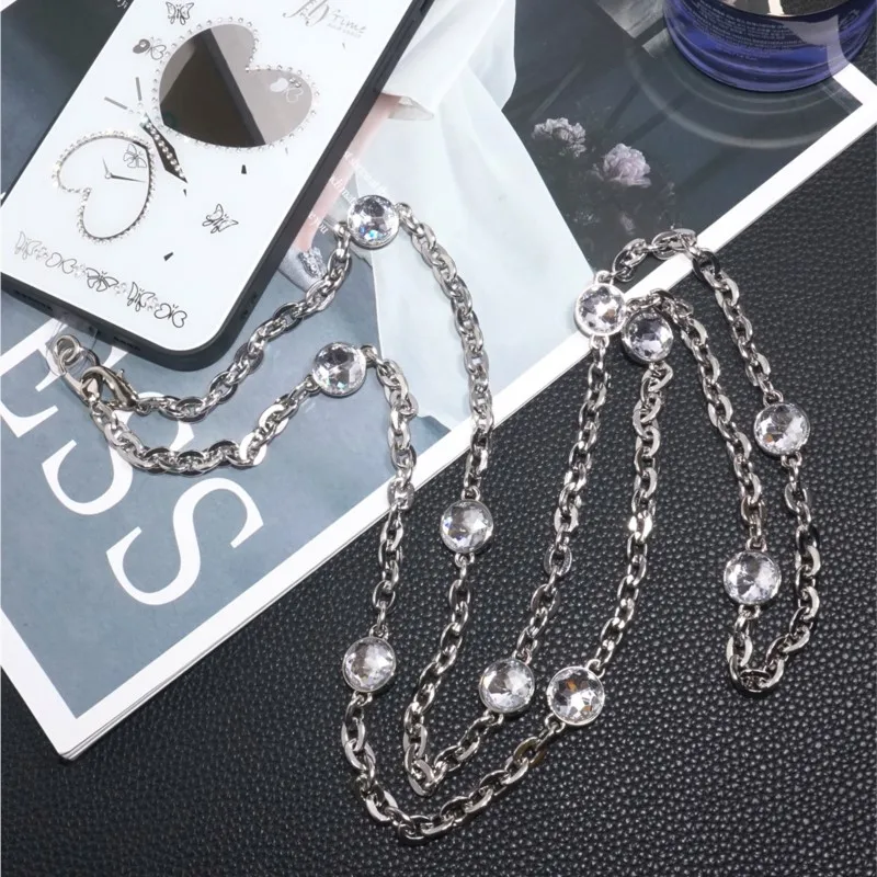 Long Crossbody Lanyard Sparkling Metal Pearl Handmade Beaded Chain Mobile Phone Lanyard Neck Strap Anti Loss Strap For iphone