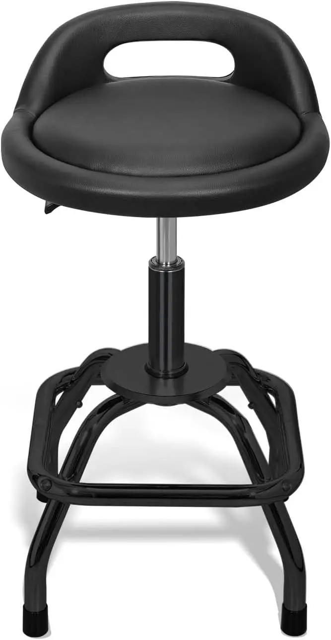 Shop Stool Garage Bar Stool, PU Leather Round Non-Rolling Stool with Padding and Lumbar Support, Swivel Adjustable Height Stool