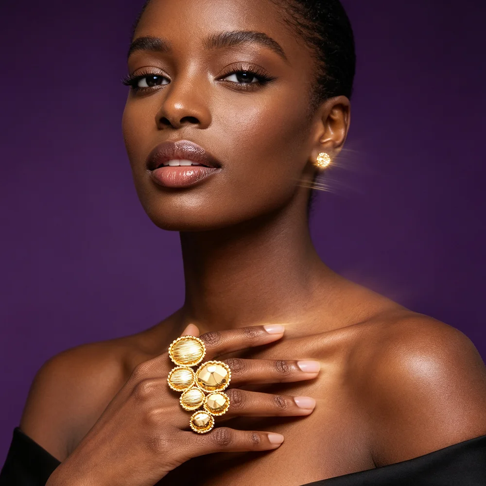 18K vergoldetes, rundes, strukturiertes Ohrring-Ring-Set, luxuriöser afrikanischer Schmuck für Frauen, Partygeschenk – Detail 3