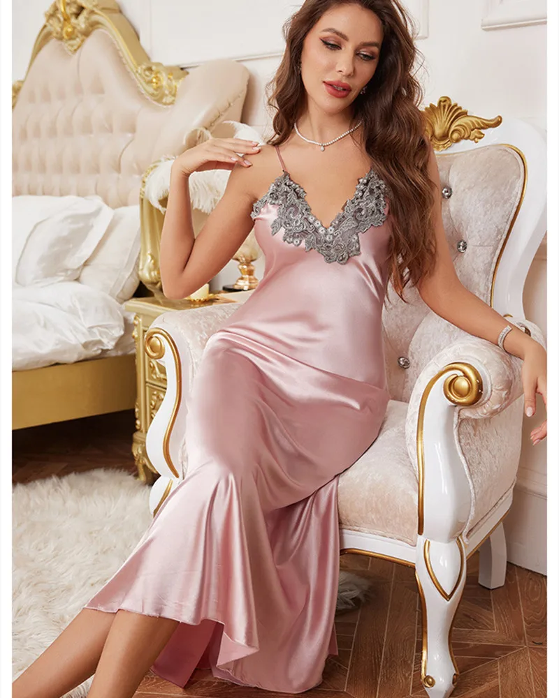 Lace Applique Nightgown Satin Lady Sleep Dress Summer Women Long Sleepdress Nightdress Backless Sleepwear Nighty Gown