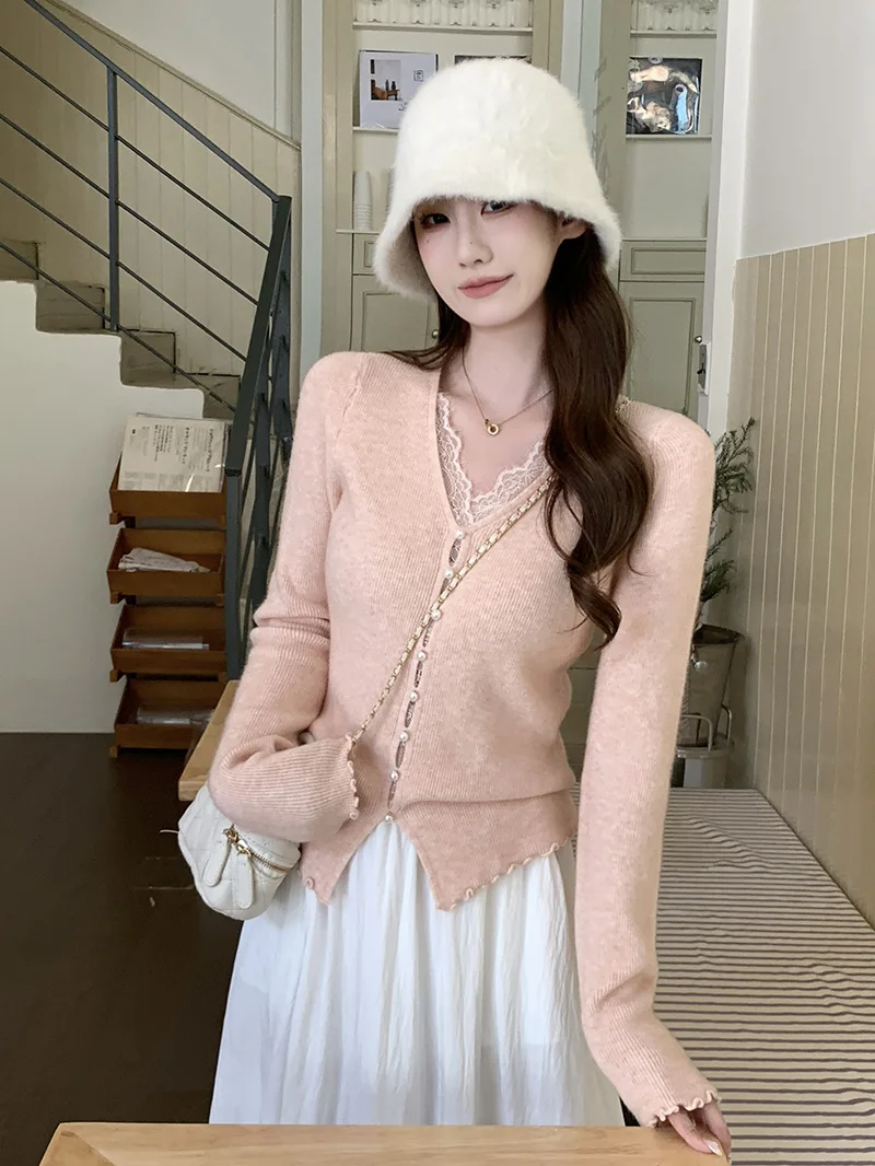 

Korean Sle Lace Splice V-Ne Knitted Sweater Women's Slim Fit Inner Wear Autumn Winter Faionable Body a Sweater