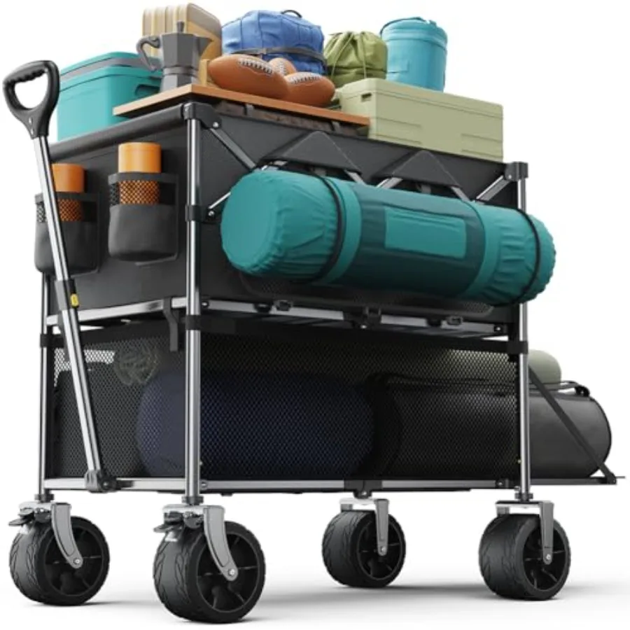 

Collapsible Double Decker Wagon Foldable Heavy Duty Utility Cart for Camping Sports Garden Grocery All Terrain Black