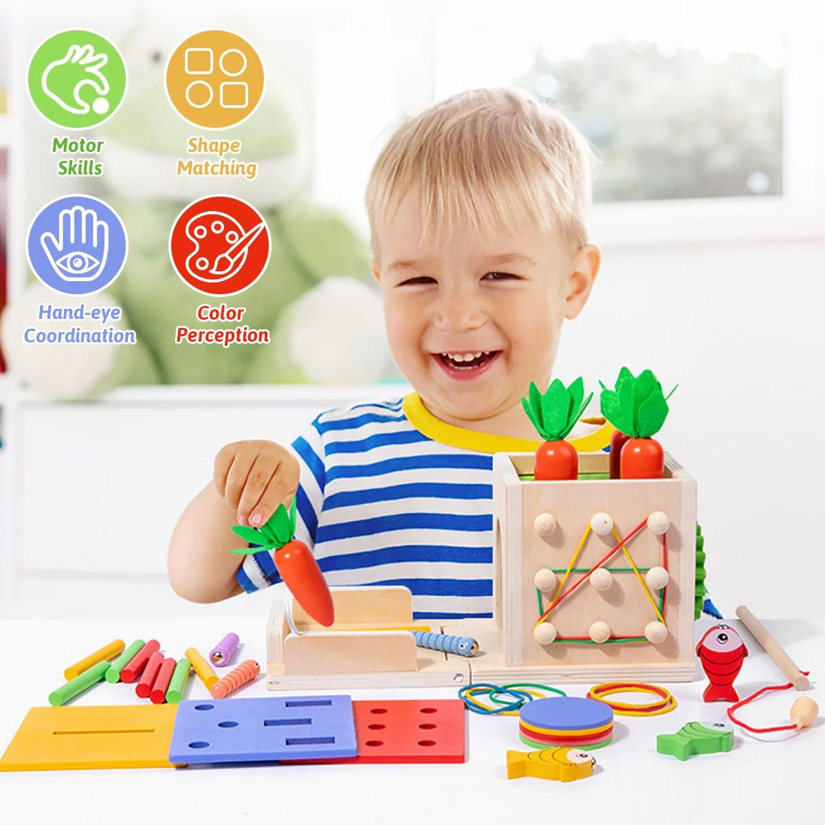 8 In 1 Montessori Permanence Box Carrots Toys Child Wooden Shape Sorting & Matching Educational Toys For Kid Over Age 1-Year-Old