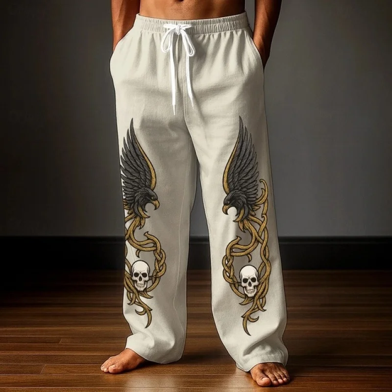 

Men's retro Viking Celtic knot and eagle 3D printed autumn casual pants drawstring straight leg beach pants S-5XL