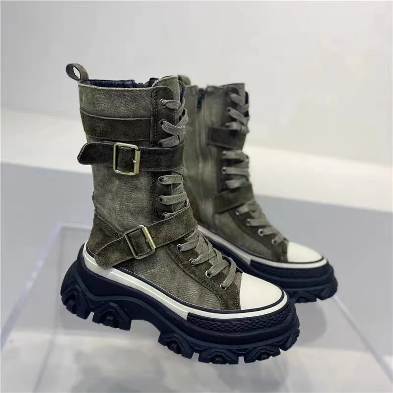 Women Green Winter Boots 2022 New Thick Bottom Women Canvas Flats Platform Chelsea Boots Non-Slip Sneaker Women Motorcycle Boots