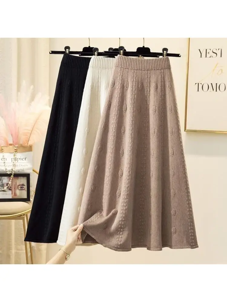 Women's Knitted A-Line  Skirt Spring Autumn Winter High Waist Flared Skirts Large Movement Long Skirts City Walk