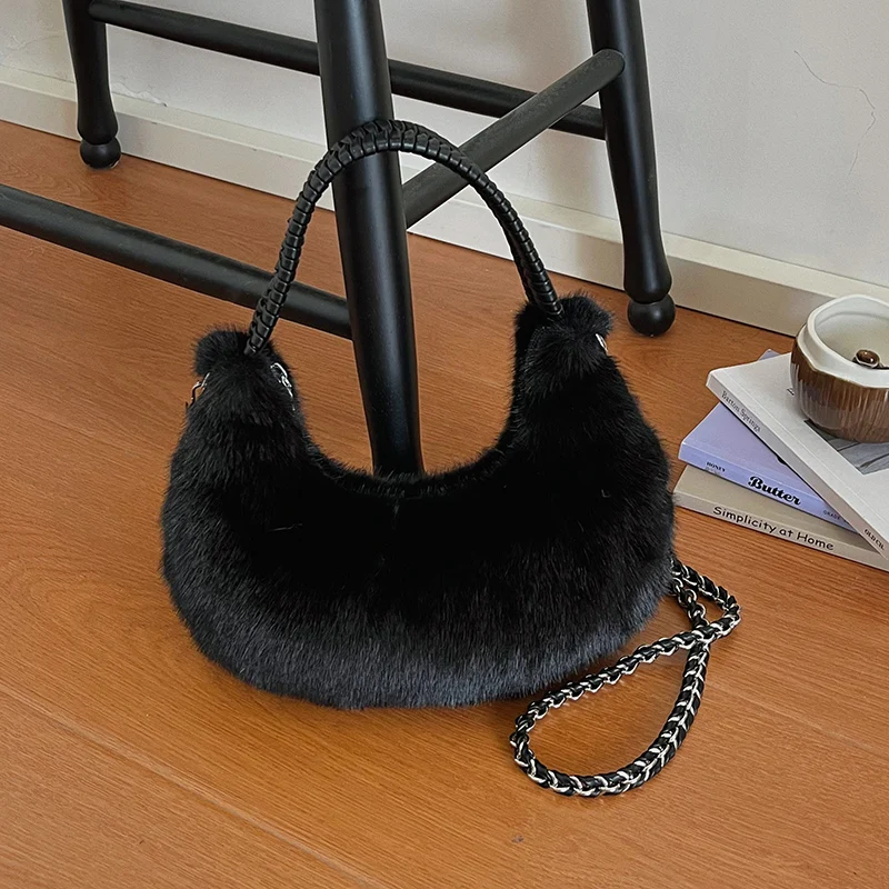 Halbmond-Design Lammwoll-Handtasche Clutch für Damen 2026 Winter Weiche Flauschige Handtasche Halbkreis-Plüsch-Umhängetasche Bolsa – Detail 24