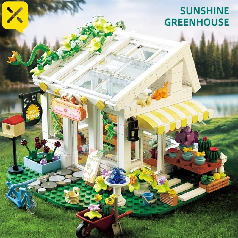 832PCS Building Blocks DIY Miniature Kit Sunshine Greenhouse Flower Shop STEM Educational Toys Puzzle with Lights Ideal Gifts