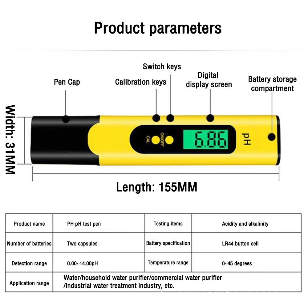 PH Meter for Water Hydroponics Digital PH Tester Pen High Accuracy  0-14 PH Measurement Range for Pool Aquarium TEMP PPM Tester